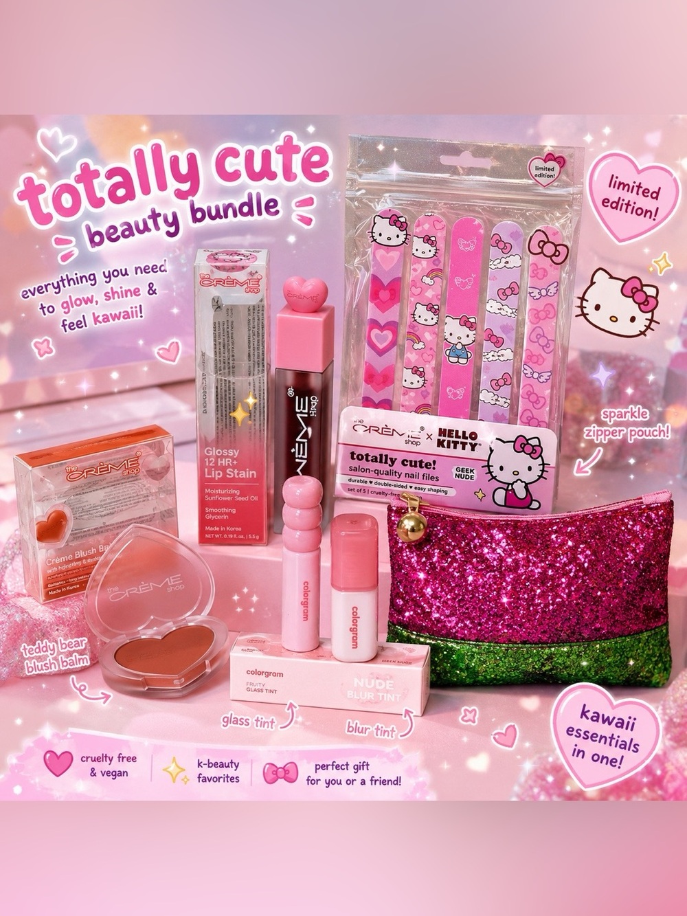 Y2K Kawaii Makeup Bundle 💕 Hello Kitty, Colorgram & Glitter Pouch